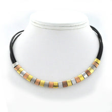 Load image into Gallery viewer, Brown leather necklace with 3 metals