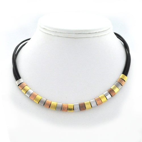 Brown leather necklace with 3 metals