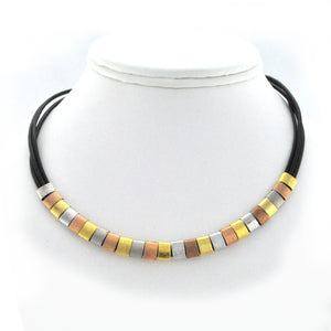 Brown leather necklace with 3 metals