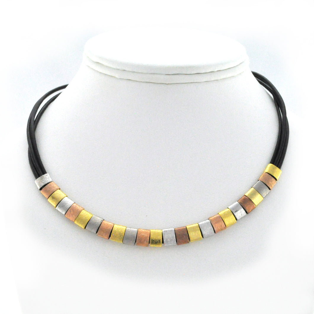 Brown leather necklace with 3 metals